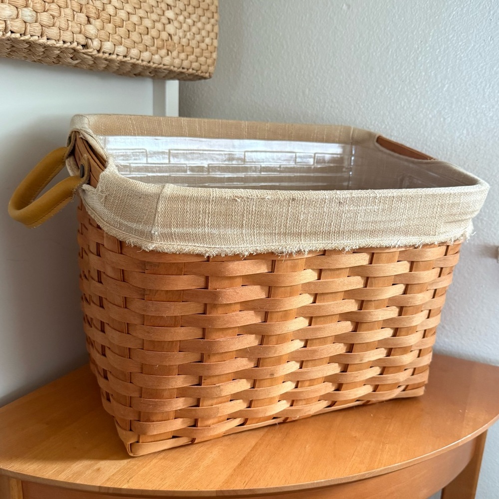 Rare 2002 Longaberger Basket Newspaper Magazine Plastic Liner Leather Cabincore